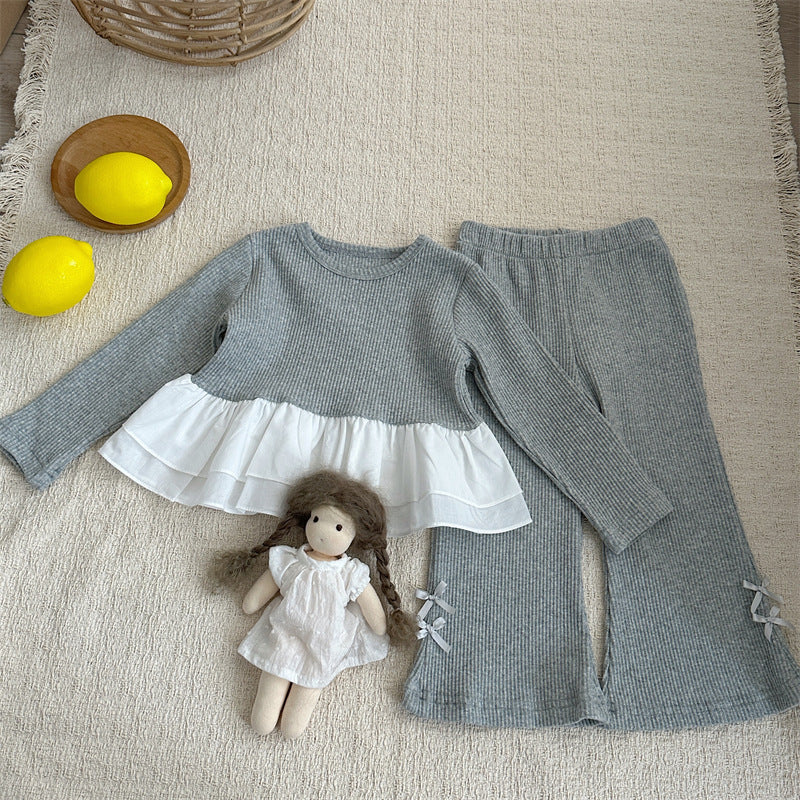Conjunto de camiseta de manga larga acanalada con volantes y lazo para niña y pantalón acampanado【mh0014151】