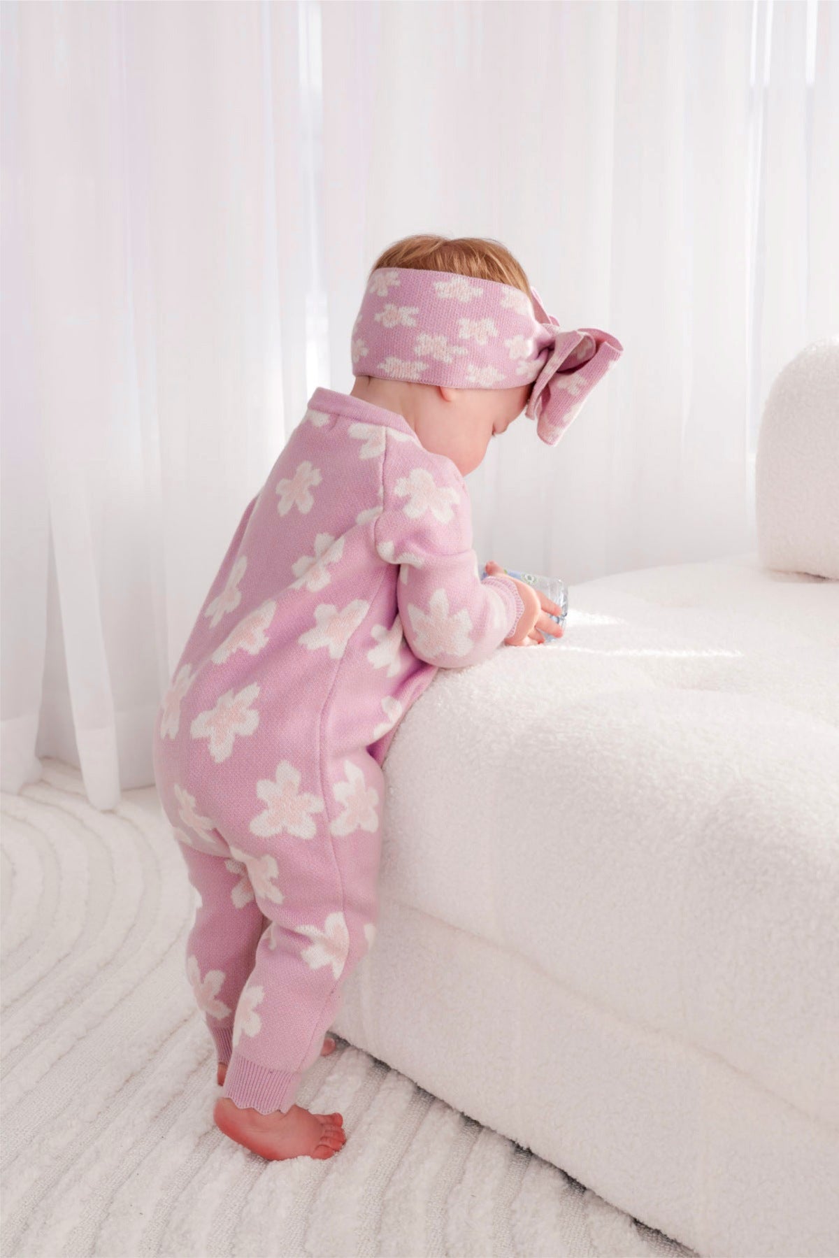 長袖ニットロンパース 花柄 ジャカードニット ジャンプスーツ ヘアバンド【mh0011856】