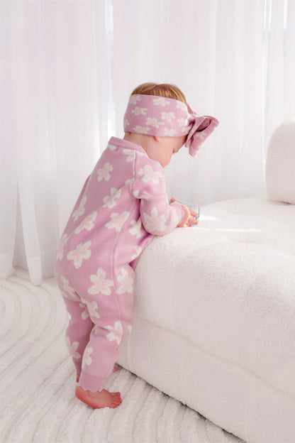 長袖ニットロンパース 花柄 ジャカードニット ジャンプスーツ ヘアバンド【mh0011856】