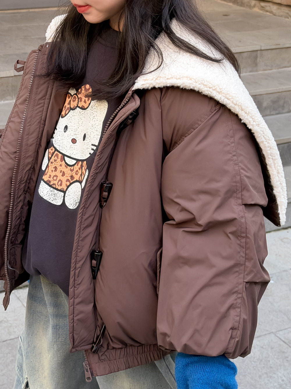 Padded blouson jacket with fleece lining and hood, featuring large lapels [mh0011864]