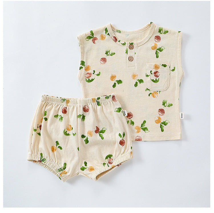 Sleeveless Fruit Pattern Shorts Set フルーツ 半袖Tシャツ ショートパンツ セット【mh0013586】