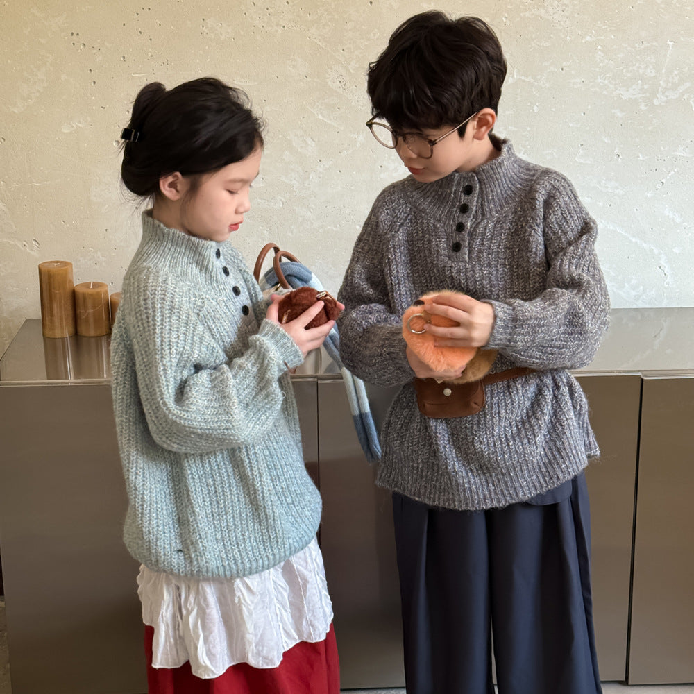 -スタンドネックボタン付きニットセーター スタンドカラーハイネックトップス【mh0010966】 - mamahalo shop - ニット・セーター -  べビー服 - 子供服 - 男の子 - 女の子