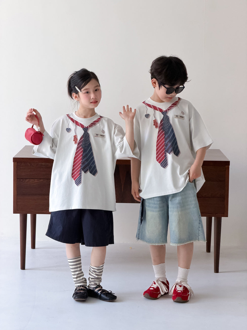 Faux Tie Printed Loose Tee ネクタイ 半袖Tシャツ【mh0013533】