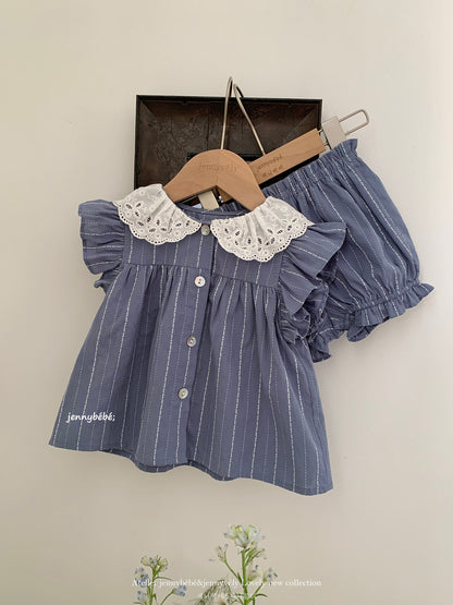 Lace Collar Stripe Cotton Set