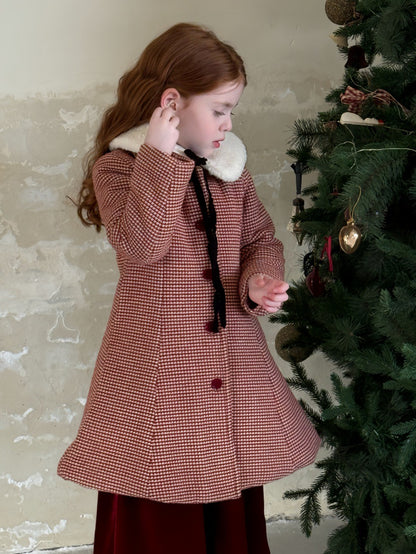 A-line retro coat with check pattern, round collar, quilted fur ribbon collar [mh0011889]