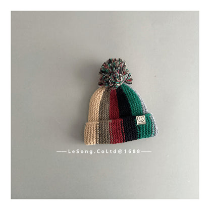 キッズ帽子 カラフルストライプ ニットキャップ ぽんぽん ビーニー【mh0011847】