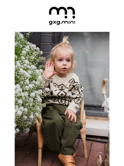 -長袖ニットセーター フェアアイル柄 北欧風 クルーネック プルオーバー【mh0011307】 - mamahalo shop - ニット・セーター -  べビー服 - 子供服 - 男の子 - 女の子