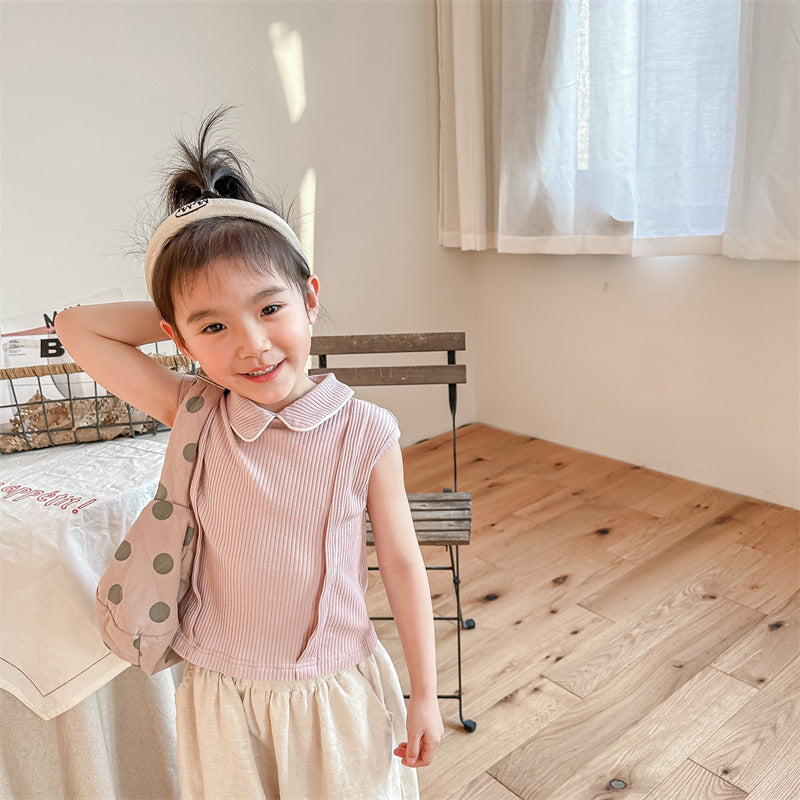 Kids' Ribbed Sleeveless T-shirt with Collar and Round Neck【mh0001795】