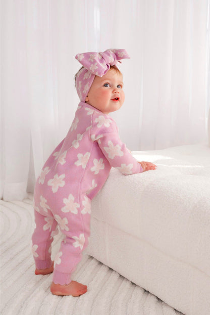 長袖ニットロンパース 花柄 ジャカードニット ジャンプスーツ ヘアバンド【mh0011856】