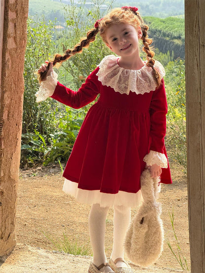 長袖ワンピース レースフリルカラー パーティドレス【mh0011762】