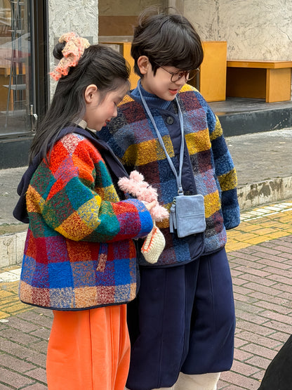 マドラスチェックノーカラージャケット カラフルブロックチェック アウター【mh0011873】