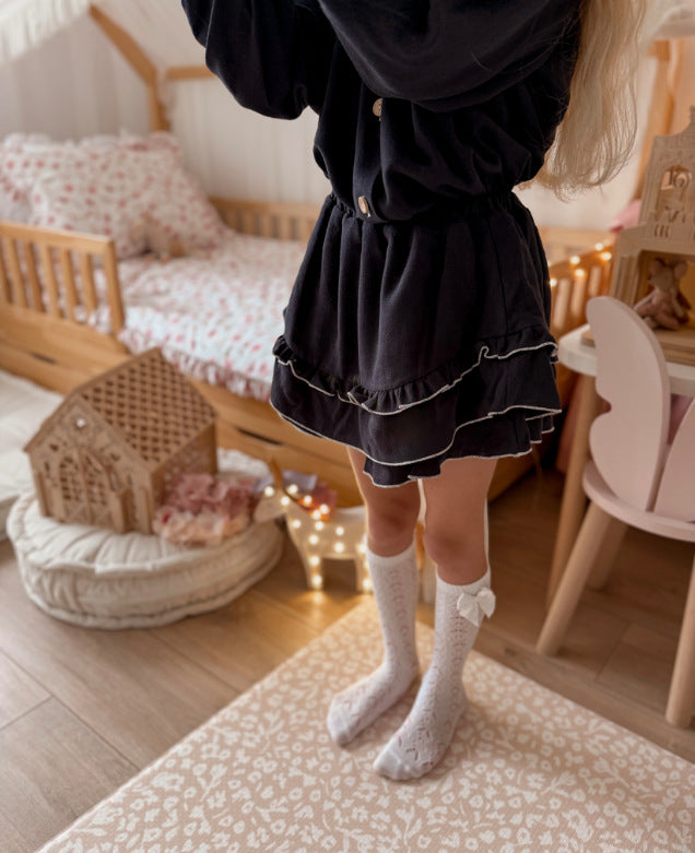 Kids' Piping Mellow Ruffle Long-Sleeve Blouse + Skirt Set【mh0014758】