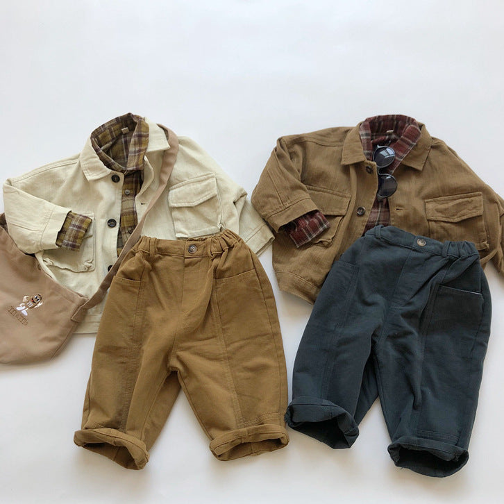 Pantalones fáciles de sarga para niños con botones delanteros y costuras en contraste【mh0013940】