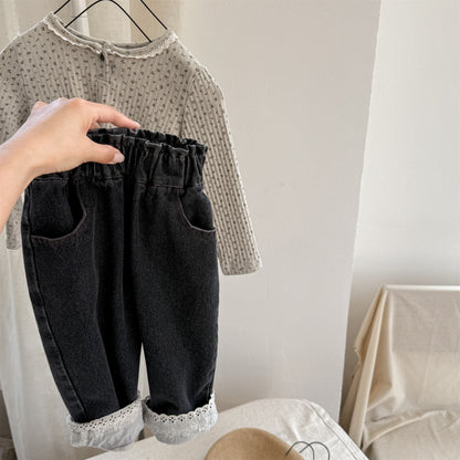 -裾レース付きデニムパンツ ジーンズ【mh0010805】 - mamahalo shop - デニムパンツ -  べビー服 - 子供服 - 男の子 - 女の子