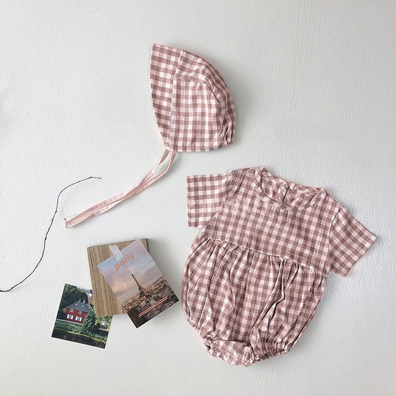 Plaid Short Sleeve Romper with Bonnet チェック柄 半袖 ロンパース ボンネット【mh0012673】