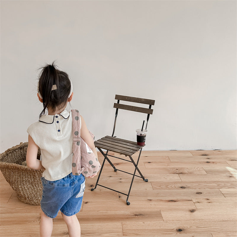 Kids' Ribbed Sleeveless T-shirt with Collar and Round Neck【mh0001795】