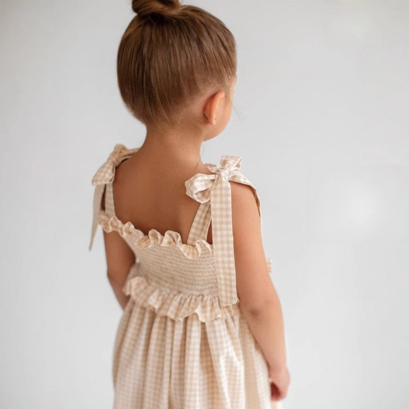 Vestido de tirantes a cuadros de algodón de verano para niñas rusas INS 2026, vestido de princesa de elegancia británica en stock【mh0013861】