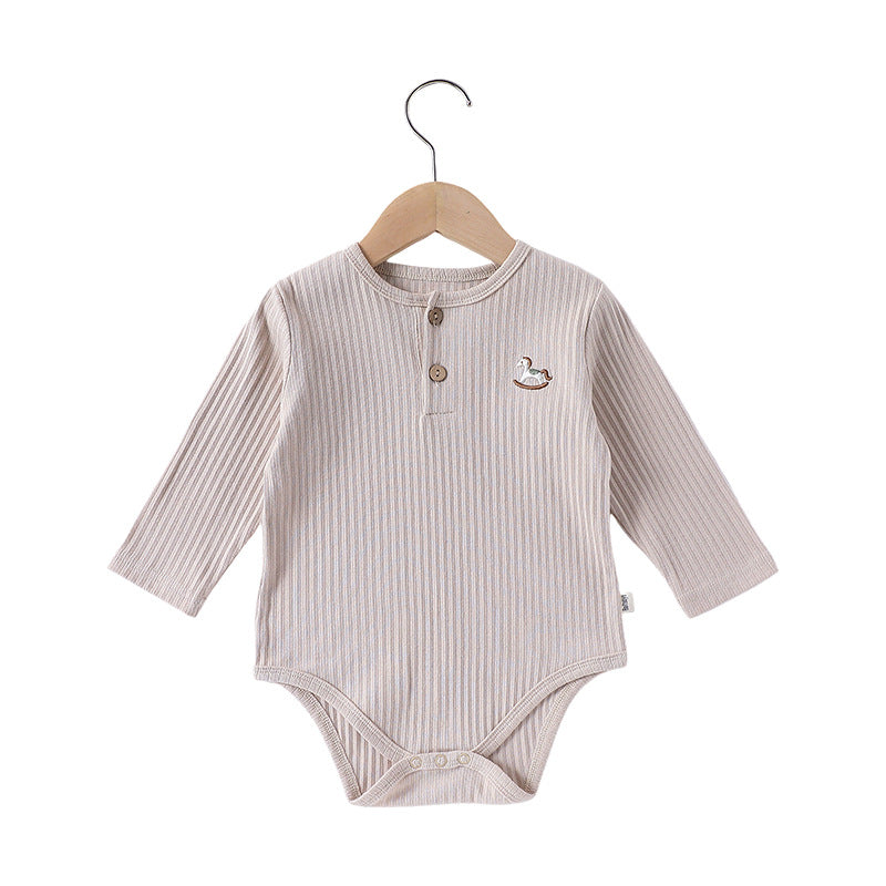 -木馬ワンポイント刺繍リブ長袖ボディスーツ【mh0010742】 - mamahalo shop - 長袖ロンパース -  べビー服 - 子供服 - 男の子 - 女の子