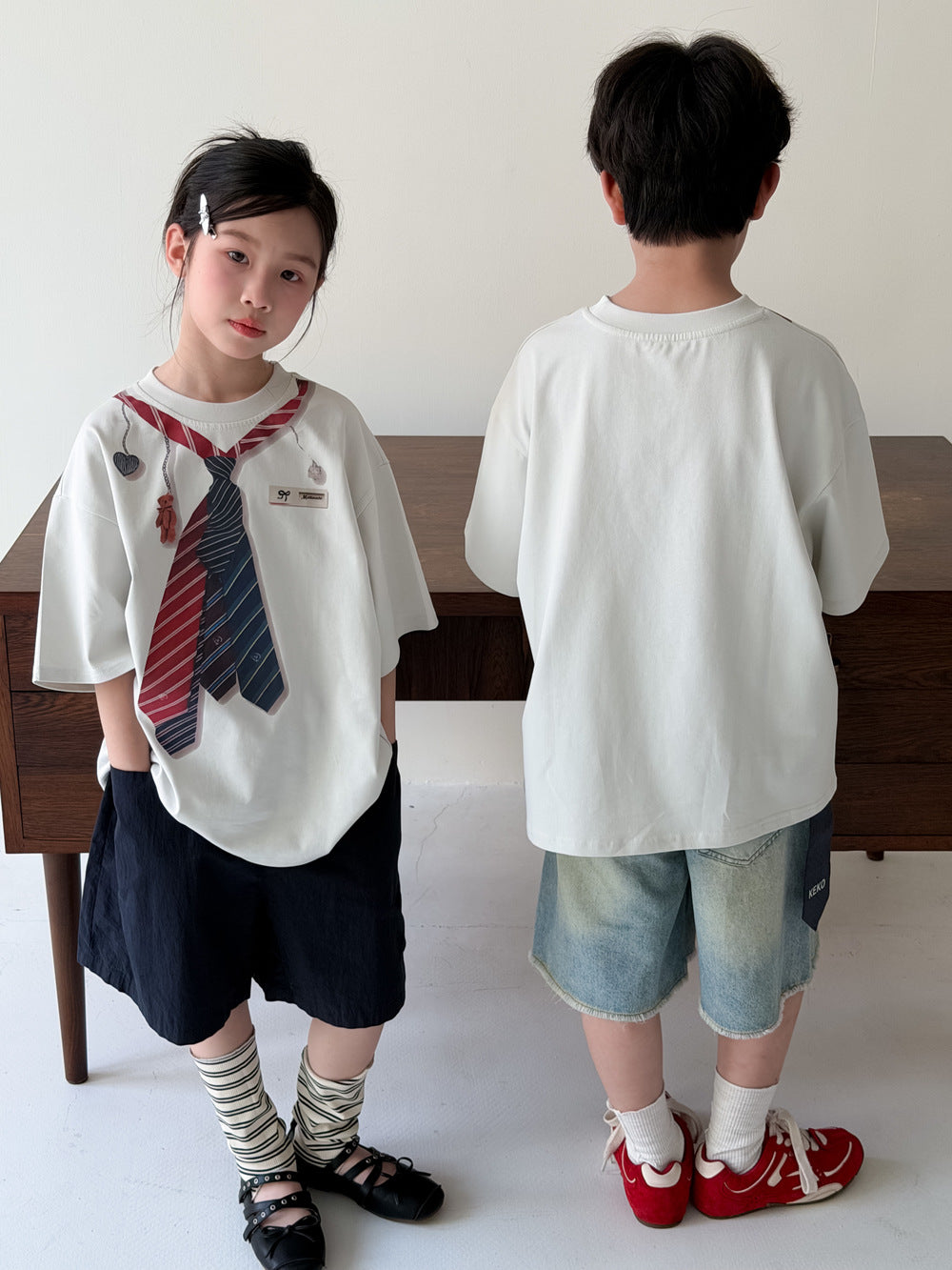 Faux Tie Printed Loose Tee ネクタイ 半袖Tシャツ【mh0013533】