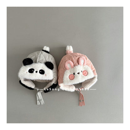ベビー帽子 パンダ/うさぎ/恐竜アップリケ キルト 耳当て付き フライトハット【mh0011831】