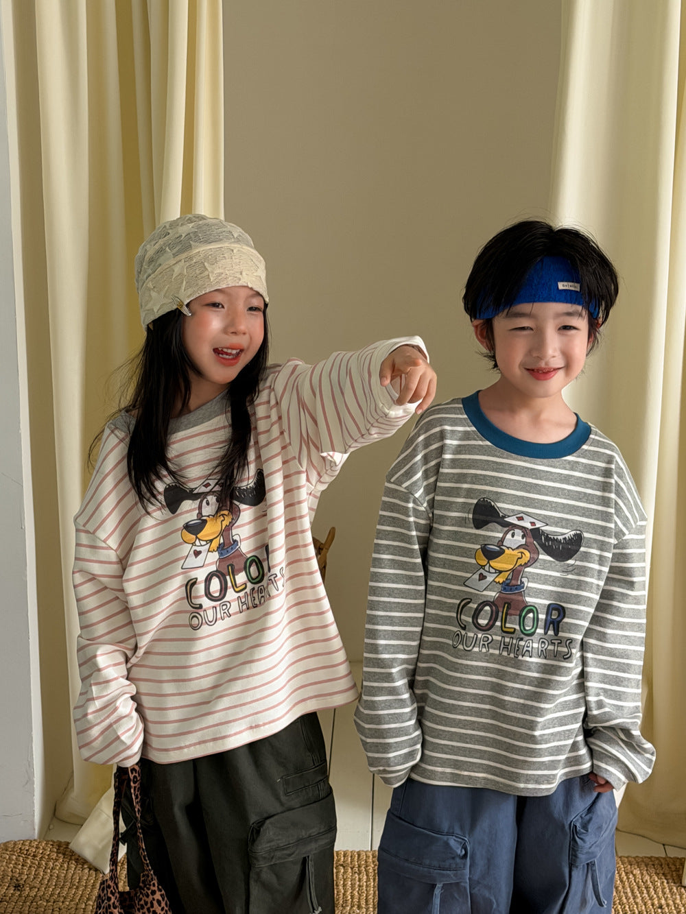 キッズ ボーダー プリント クルーネック 長袖Tシャツ【mh0013905】