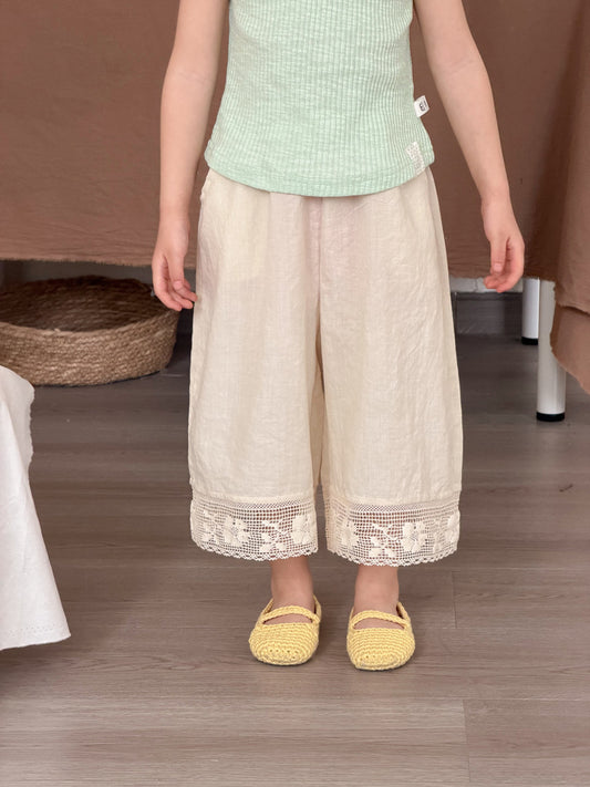 Lace Trim Cotton Wide Pants