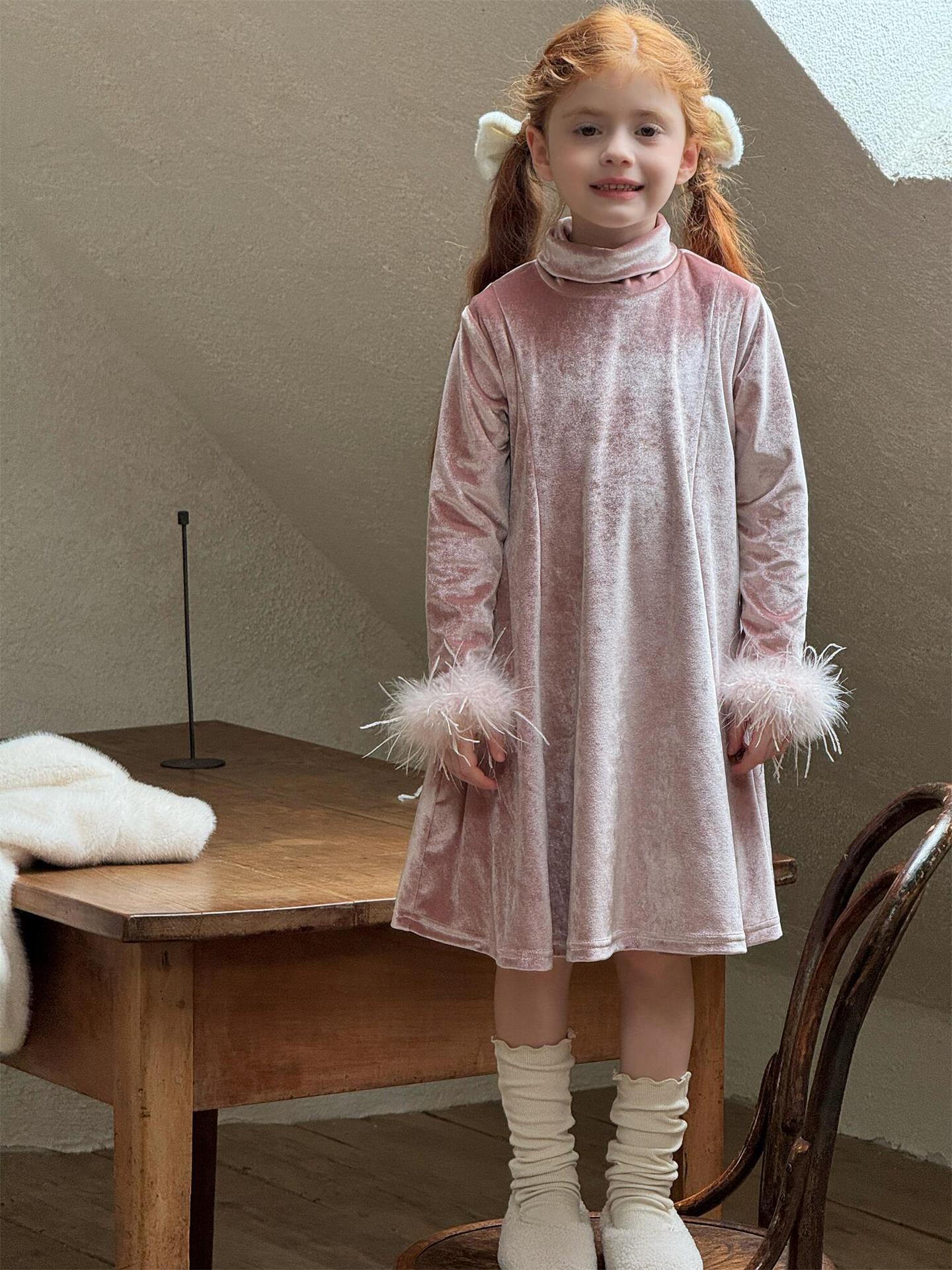 ベロアワンピース ハイネック 裏起毛 パーティドレス【mh0011752】