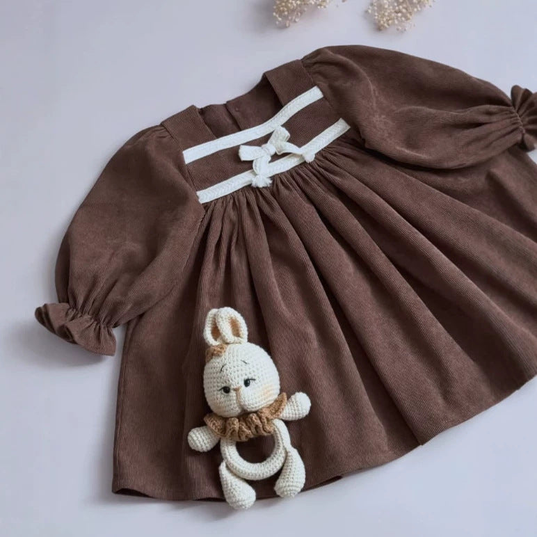 Kids' Bow Motif Corduroy Long-Sleeve Dress [mh0014737]