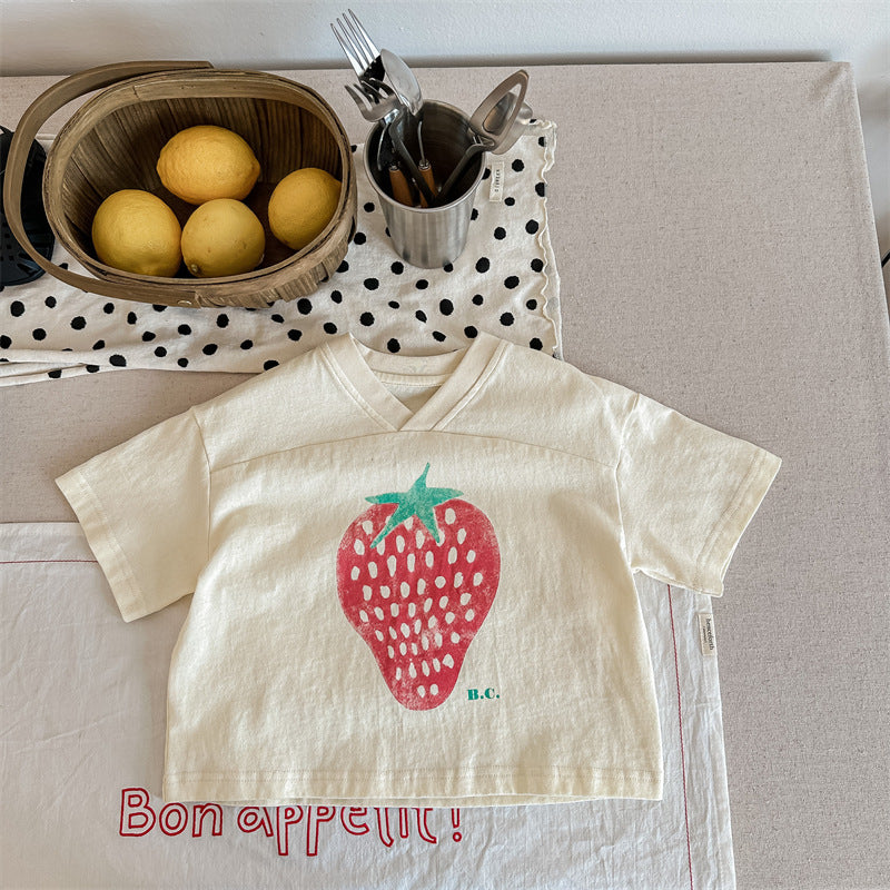 キッズ用クリーム色いちごプリントVネック風ルーズ半袖Tシャツ
