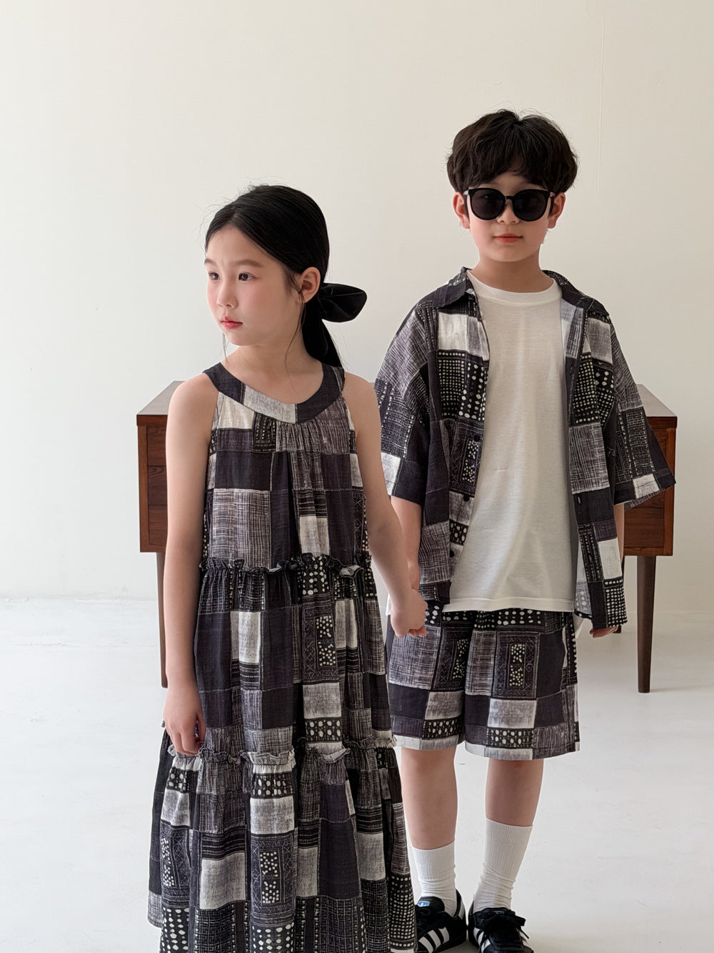 Ethnic Geometric Printed Dress Shirt Shorts Set エスニック ノースリーブワンピース 半袖シャツ ハーフパンツ【mh0013538】