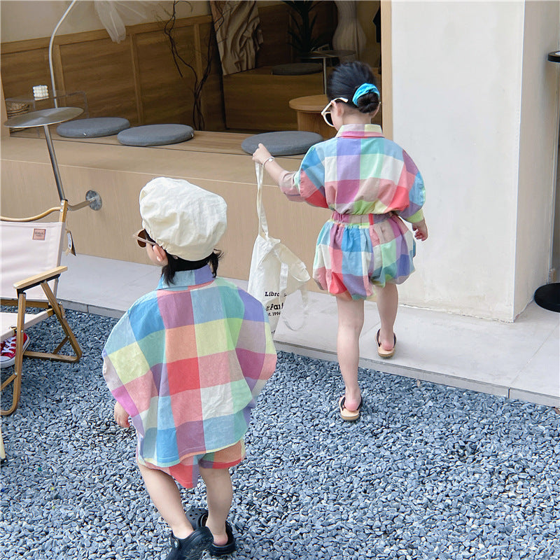 Kids' Checkered Short-Sleeved Shirt, Shorts, and Balloon Pants Set [mh0001742]