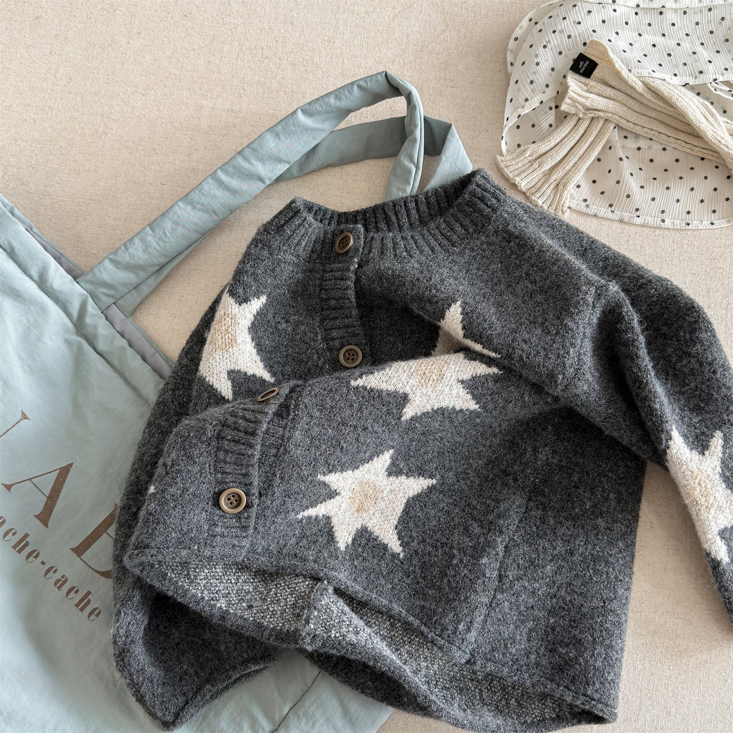 ニットカーディガン スター星 モノトーン ラグラン カジュアル アウター【mh0011612】