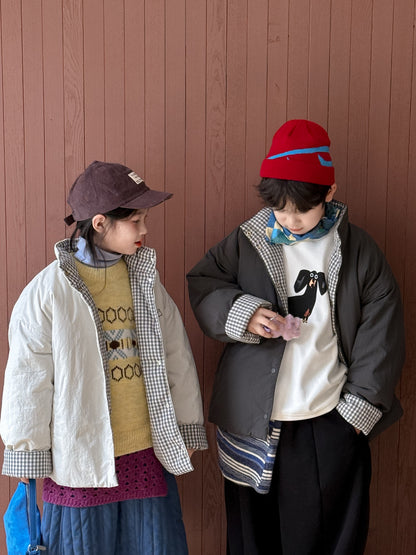 中綿ジャケット キッズ チェック柄 スタンドカラー 厚手 ショート丈 カジュアル アウター【mh0011667】