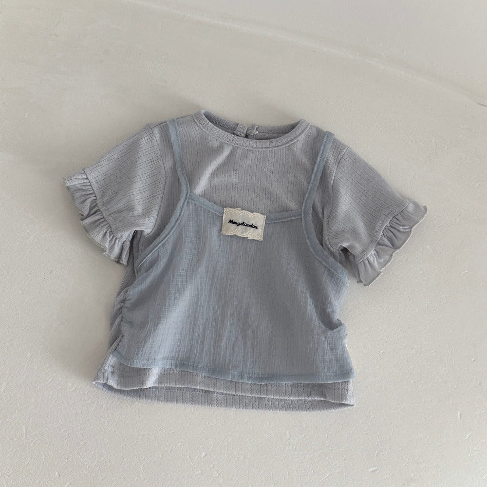 配色デザイン ティアードフリル 半袖Tシャツ【mh0013804】