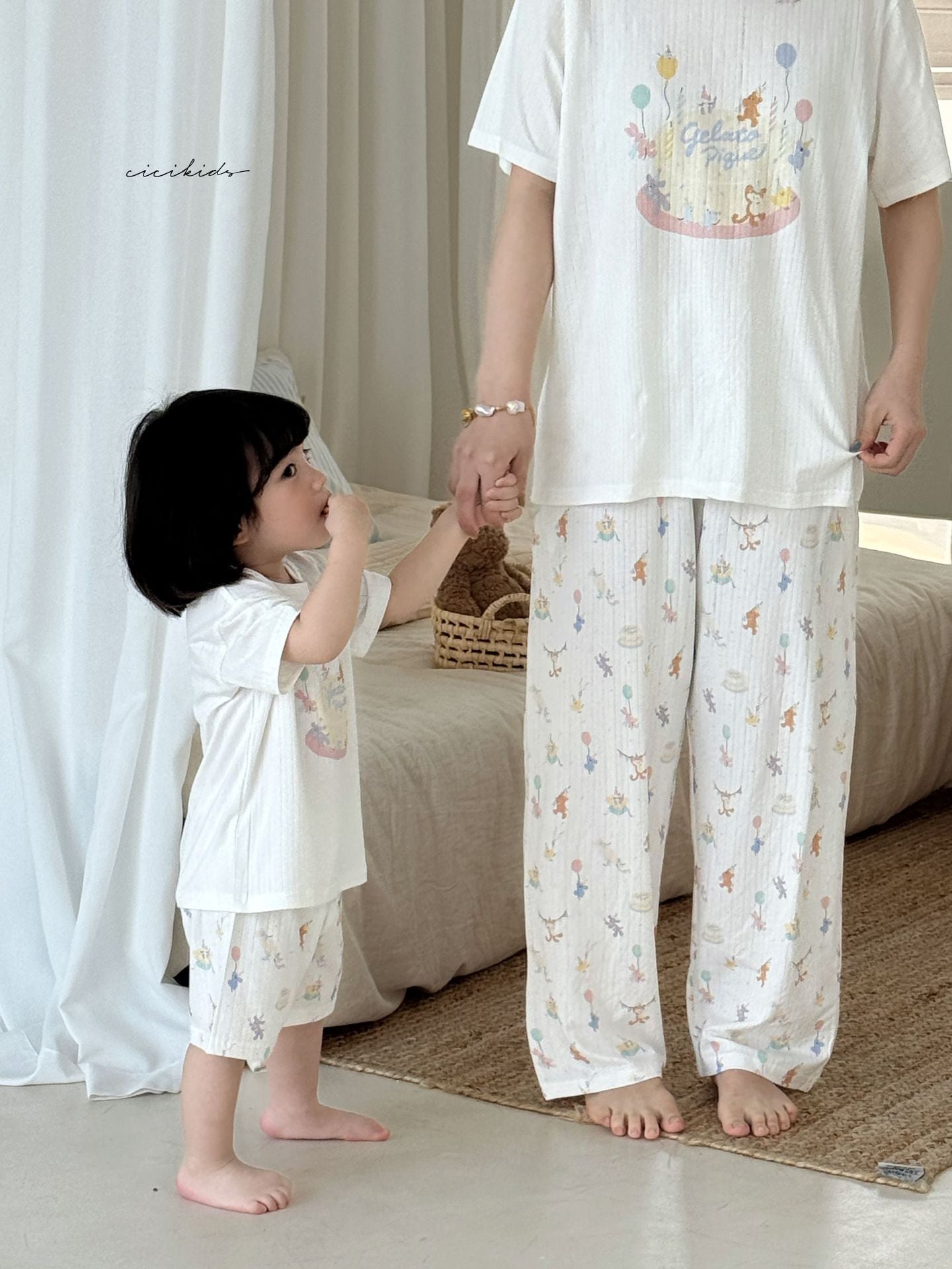 Parent-child Short-sleeved Loungewear ベア 半袖Tシャツ ロングパンツ ショートパンツ【mh0013306】