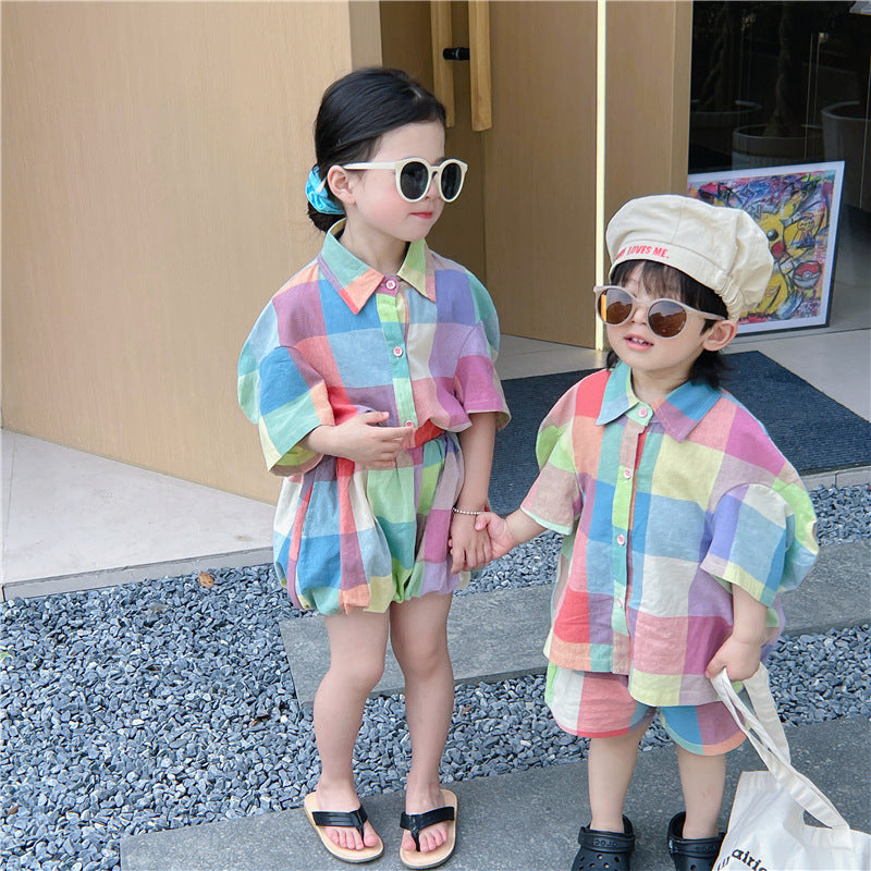 Kids' Checkered Short-Sleeved Shirt, Shorts, and Balloon Pants Set [mh0001742]