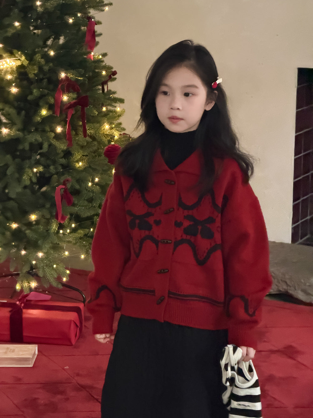 Knit jacket with collar, cherry print, thick cardigan, toggle buttons [mh0011863]