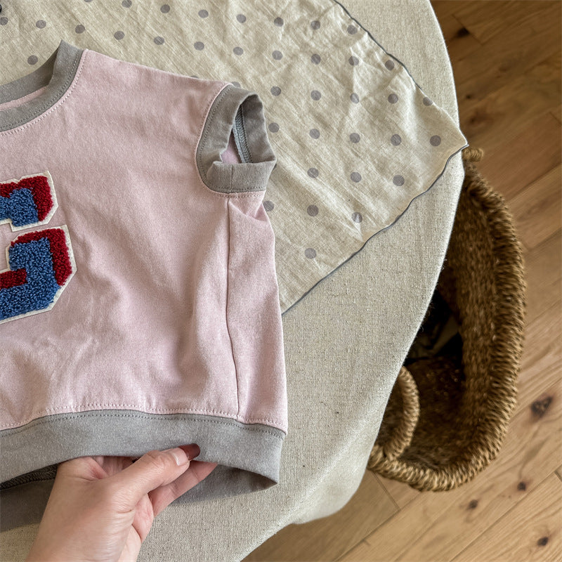Kids' Alphabet Patchwork Applique Ringer Loose Short-Sleeved T-Shirt [mh0001820]