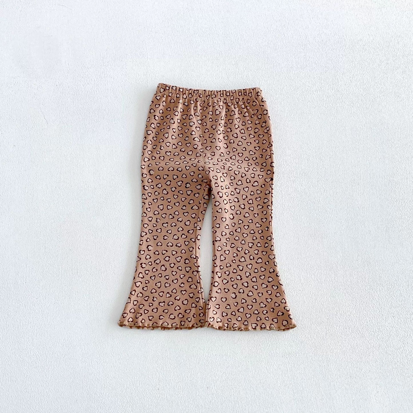Camiseta de manga larga con cuello y dobladillo de volantes para niñas y pantalón acampanado【mh0014029】