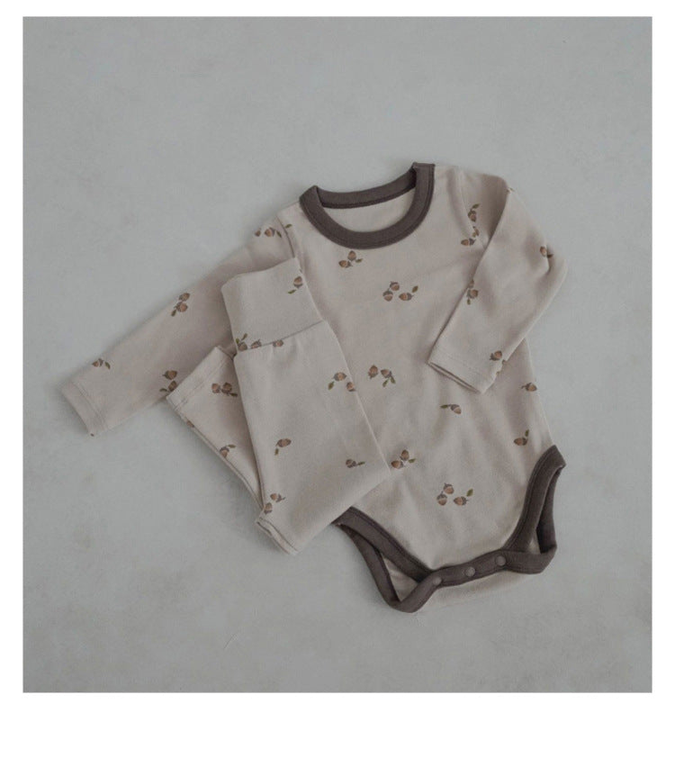 -どんぐりプリント長袖ボディスーツ+ロングパンツセットアップ 2点セット【mh0010748】 - mamahalo shop - ロンパースセットアップ -  べビー服 - 子供服 - 男の子 - 女の子