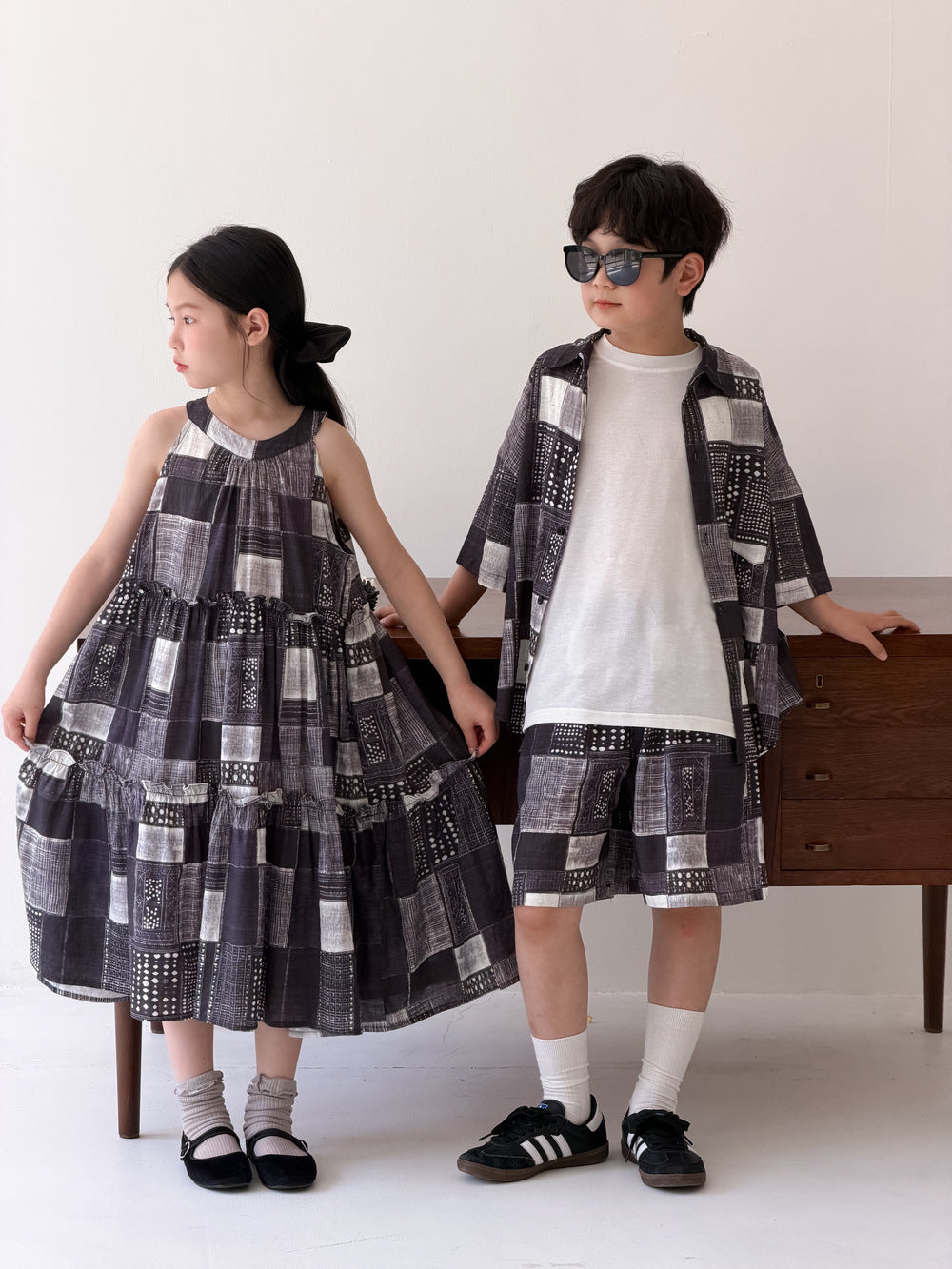 Ethnic Geometric Printed Dress Shirt Shorts Set エスニック ノースリーブワンピース 半袖シャツ ハーフパンツ【mh0013538】