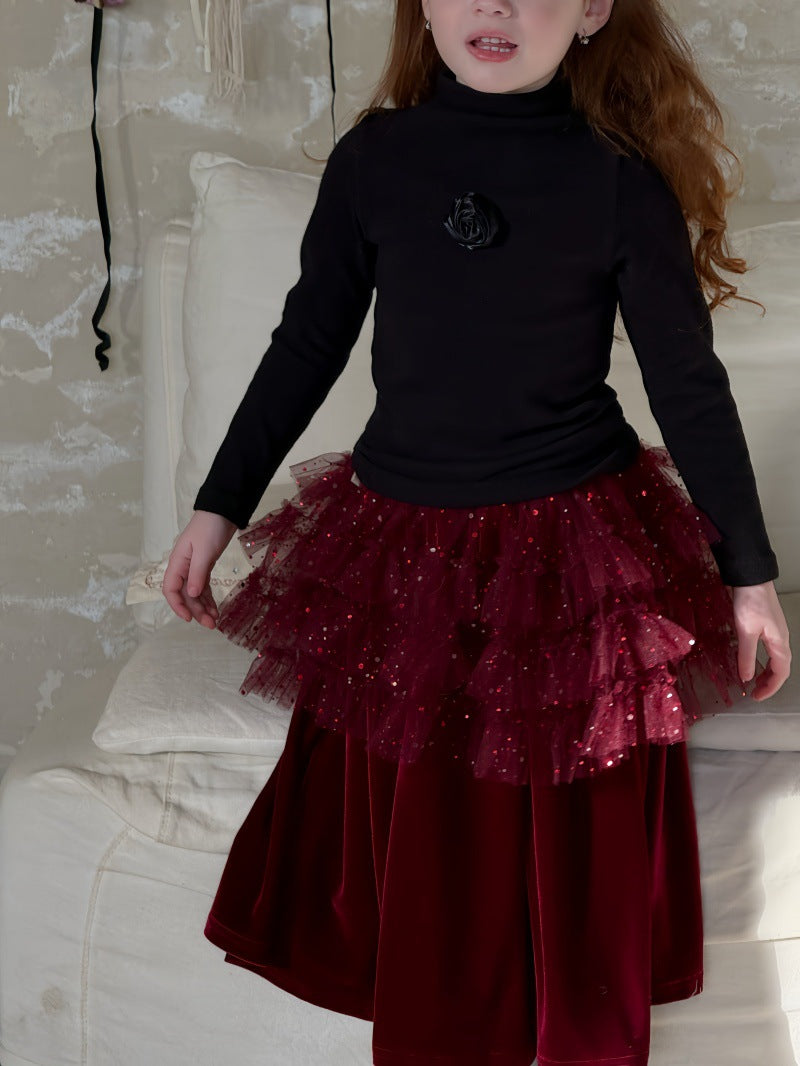 ハイネック長袖Tシャツ/ベルベッドメッシュドッキングスカート【mh0011888】