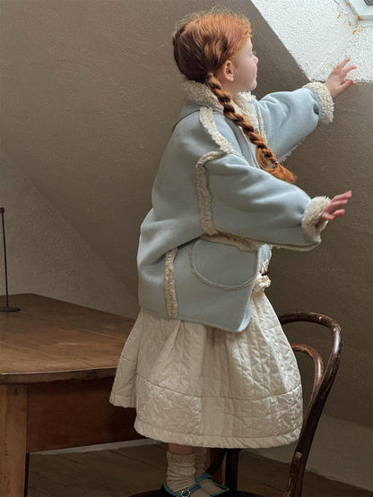 Faux shearling duffle coat with boa, dull blue, mid-length [mh0011751]