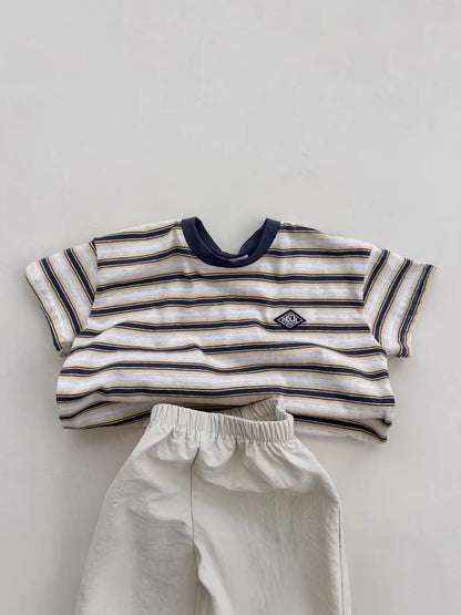 Korean Style INS Striped Men's and Women's Summer Short-Sleeve T-shirt Top, Korean Children's New Versatile Trendy Breathable T-shirt