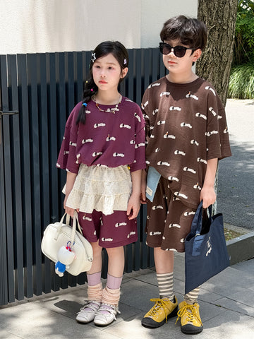 Allover Graphic Loose Top Shorts Set ドッグプリント 半袖Tシャツ ハーフパンツ【mh0013539】