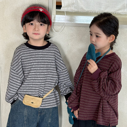 キッズ ボーダー ルーズ長袖クルーネックTシャツ（グレー／ボルドー）