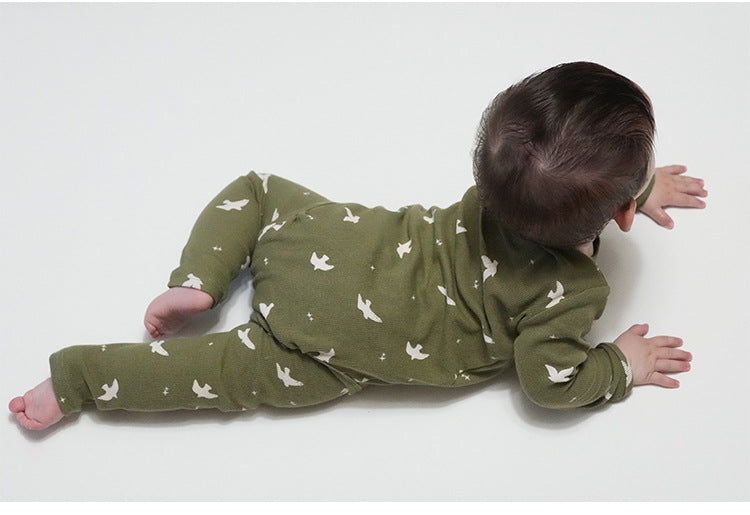 -クロワッサン/バードプリント長袖ジャンプスーツロンパース【mh0010736】 - mamahalo shop - 長袖ロンパース -  べビー服 - 子供服 - 男の子 - 女の子