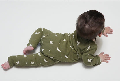 -クロワッサン/バードプリント長袖ジャンプスーツロンパース【mh0010736】 - mamahalo shop - 長袖ロンパース -  べビー服 - 子供服 - 男の子 - 女の子