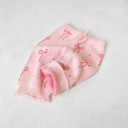 ジャカードニットセットアップ リボン ピンク フリル カーディガン ニットパンツ【mh0011854】