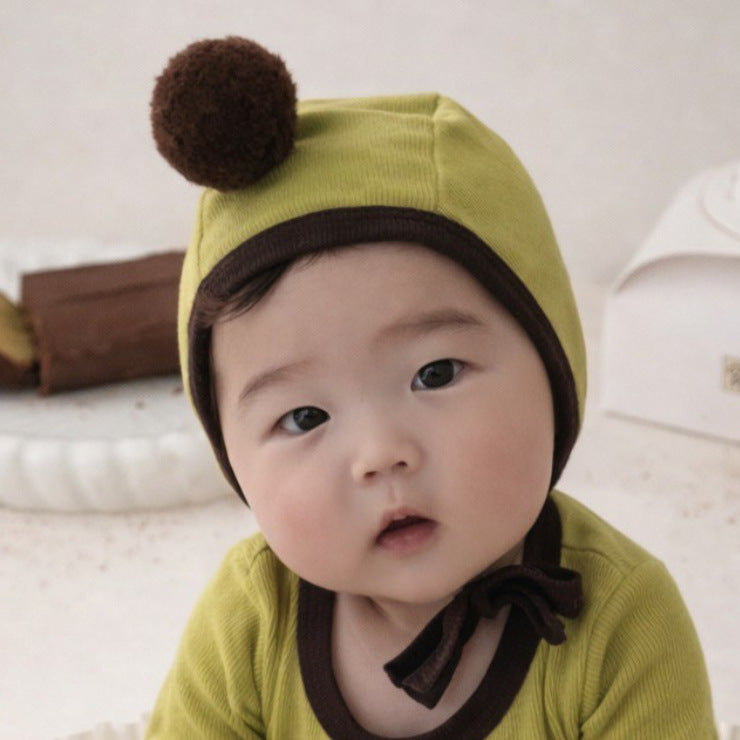 Ribbon Pom-Pom Beanie Leggings Set バイカラー 長袖Tシャツ ロングパンツ 帽子【mh0013611】